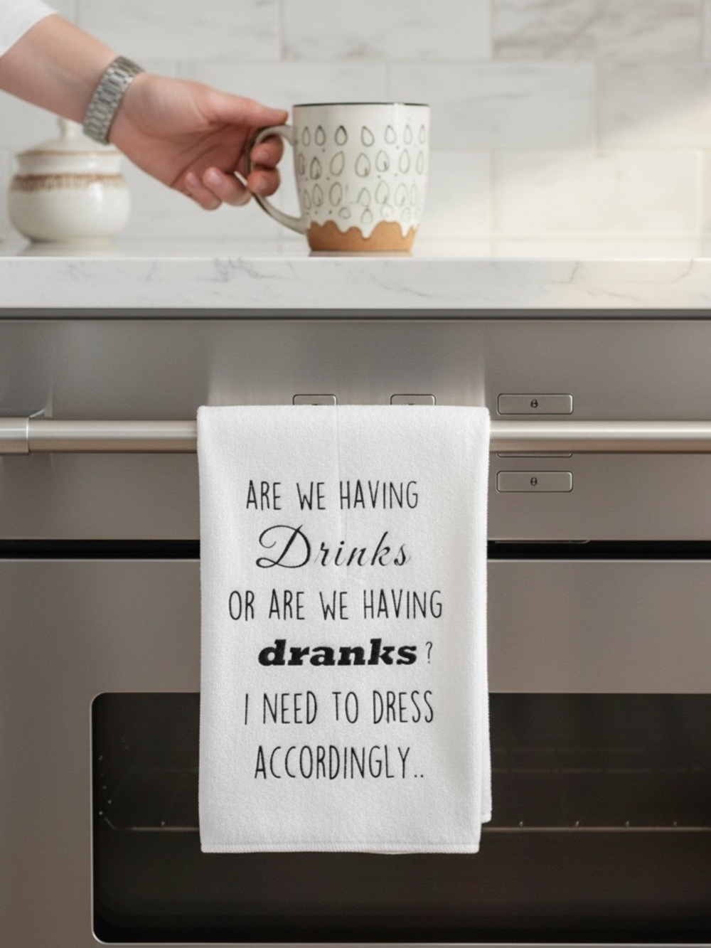 Funny Double Sided Kitchen Towel - "Drinks or Dranks?"